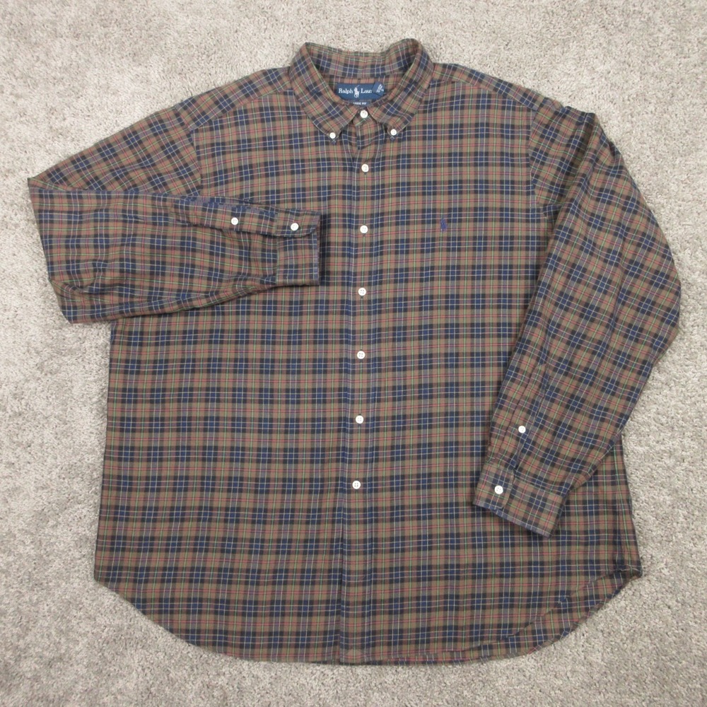 Ralph Lauren Shirt Mens 2XL Brown Plaid Classic Fit Twill Pony Logo Button‎ Up